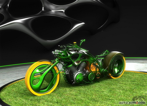 M-Org Chopper概念车 绿色双轮摩托骑士